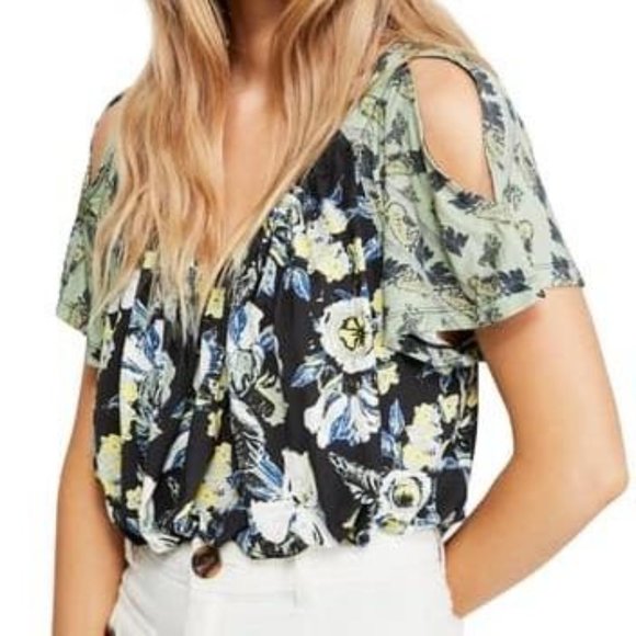 Free People Baja Babe Cold Shoulder Top Black Small Floral Cutout - Picture 7 of 8